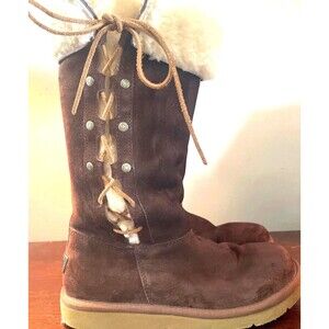 UGG AUSTRALIA UPSIDE Womens Size 8 Brown Suede Sheepskin Lace Up Boots 5163